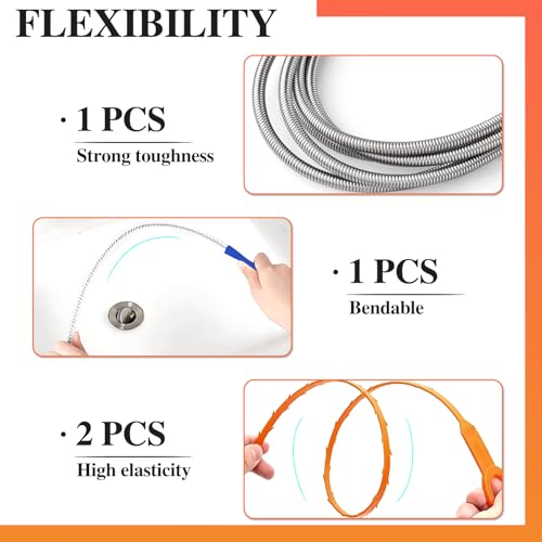 Redamancy 4 Stück Abflussreiniger Spirale,Doppelkopf-Rohrreinigungsbürste Edelstahl-Kanalreiniger,Abflussreiniger Sticks, Abfluss Bürste,Flexible Reinigungsbürste für den Abfluss in Küche und Dusche