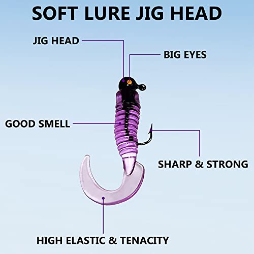 Orootl Soft Fishing Lures Jig Head Hooks Kit, Crappie Jigs Heads Curly Grub Lures Tube Bait Jigs Mixed Color Soft Plastic Worm Swimbaits Tube Jigs Tackle For Bass Trout Saltwater Freshwater Fishing #TOP2