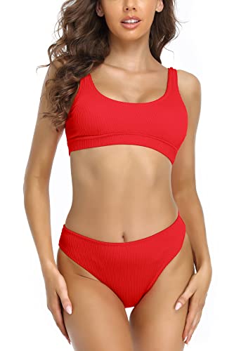 SHEKINI Women's Scoop Crop Sporty Bikini Set Solid Ribbed Two Piece Swimsuit3