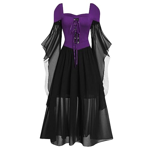 Ropa medieval para mujer, vestido de Halloween para mujer, vestido largo de encaje de malla, vestido largo, juego de guerra medieval, morado, S