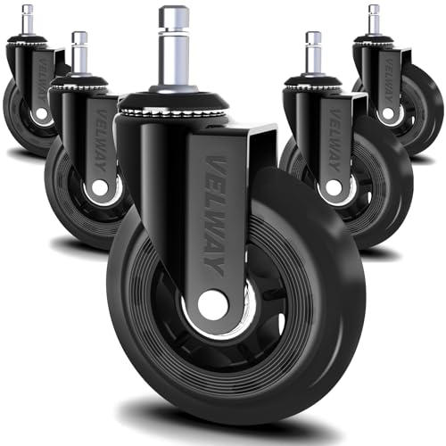 Velway 5Pcs Ruedas Giratorias para Sillas de Oficina, Rueda de Repuesto Silenciosa y Universal, Seguro para Pisos de Madera, Alfombras, Laminados y Baldosas (3in-11mm)