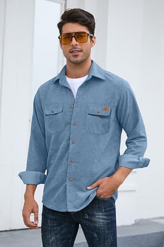 Image of Comdecevis Men's Plain Corduroy Shacket Long Sleeve Button Down Shirt Jackets with Flap Pockets Blue XX-Large