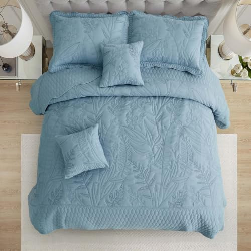 Image of Bedspread oversized King 120x118,Beautiful Leaf Stitching,5 PC, Ashley Blue