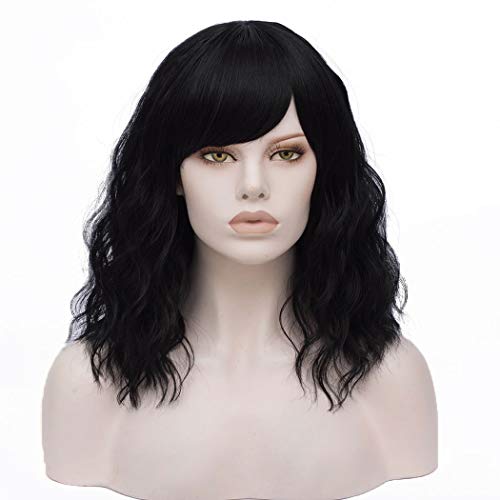 Black Bob Wig with Bang | Qaccf Short Wavy Shoulder Length Women Full Bang Heat Resistant Wig (Black)