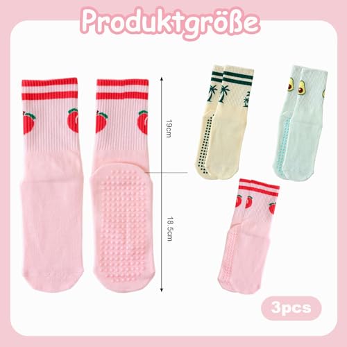 YZDZSW 3 pary antypoślizgowych skarpet damskich, Mid-Calf, cienkie, antypoślizgowe skarpety do pilatesu z wzorem brzoskwini, liści i awokado, skarpety stoperowe do jogi, reformera i fitnessu (różowe