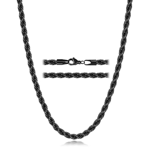 Fiusem Black Rope Chain Necklace for Men 5mm Stainless Steel Chain 26 Inch