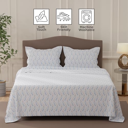 Image of Layers 100% Cotton Bedsheet for Double Size Bed | Lumina Floret Collection | 144 TC Soft & Breathable | Floral Print with 2 Pillow Covers | Wrinkle Free & Colorfast | 3 Piece Bedding Set - Blue