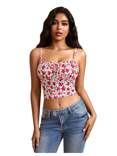 RoseSeek Women's Floral Graphic Sleeveless Crop Cami Tops Fitted Spaghetti