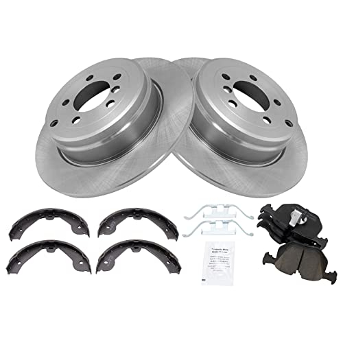 Image of TRQ Rear Brake Pad and Rotor Set Ceramic Parking Brake Shoe Compatible with 2003-2005 Land Rover Range Rover