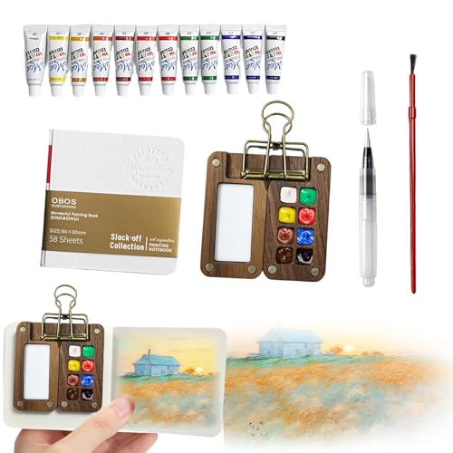 EliphonTowne 5 PCS Mini Watercolour Paint Set Travel - Pocket Artist Watercolour Travel Set 8 Grids Travel Watercolour Paint Set Portable Painting Set with Foldable Wooden Palette Sketchbook Brush