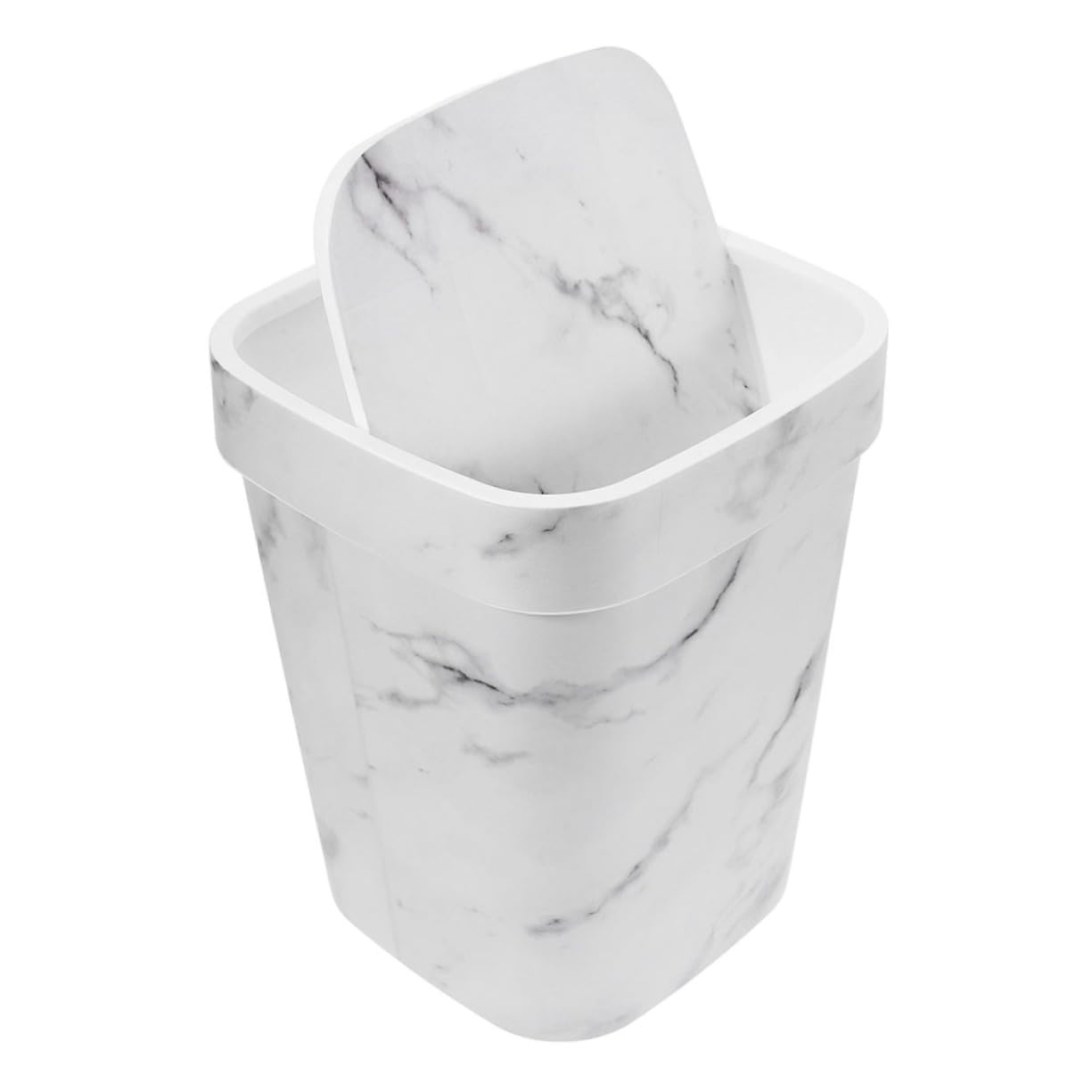 Marble Pattern Trash Can with Swing Lid 1 Piece Indoor Waste Basket for Bathroom Kitchen and Office Square Garbage Container Easy to Clean Sturdy Design