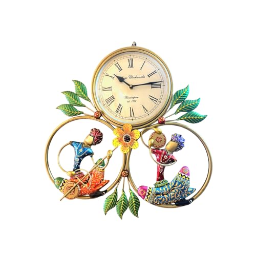 Image of SETHI AESTHETIC Metal Wall Clock with Decorative Traditional Rajasthani Musician Men, 46x46 cm, Living Room Decor with Floral Accents| Fancy Clock for Living Room or Drawing Room|