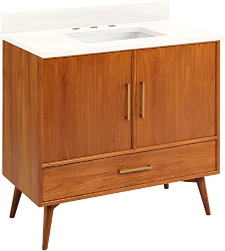 Signature Hardware 953363-36-RUMB-8 Novak 36" Freestanding Teak Single Basin Vanity Set with Cabinet, Vanity Top, and Rectangular Undermount Sink - 8" Faucet Holes - Teak/Arctic White
