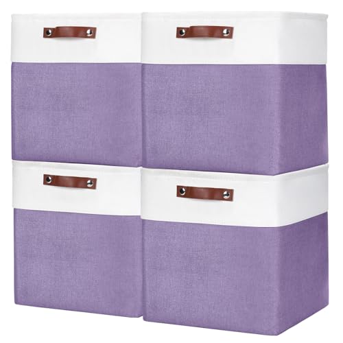 Bagnizer 13x13 Cube Storage Bins, Collapsible Fabric Storage Box, 4 Pack Closet Baskets with Handles for Organizing, Shelf, Toys, Clothes, Home, Office, Nursery (Purple&White)