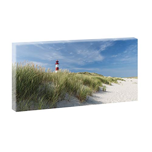 Bild auf Leinwand mit Landschaftsmotiv Sylt Leuchtturm in den Dünen von List | 80 x 40 cm, Farbig, Wandbild, Leinwandbild mit Kunstdruck, Nordseebild mit Strandmotiv auf Holzrahmen gespannt, 40x80 cm Cover