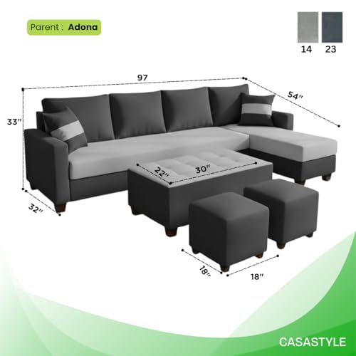 Image of CASASTYLE Adonway 8 Seater Fabric RHS L Shape Sofa Set (Light Grey-Dark Grey) Premium Velvet Finish | Ideal for Living Rooms