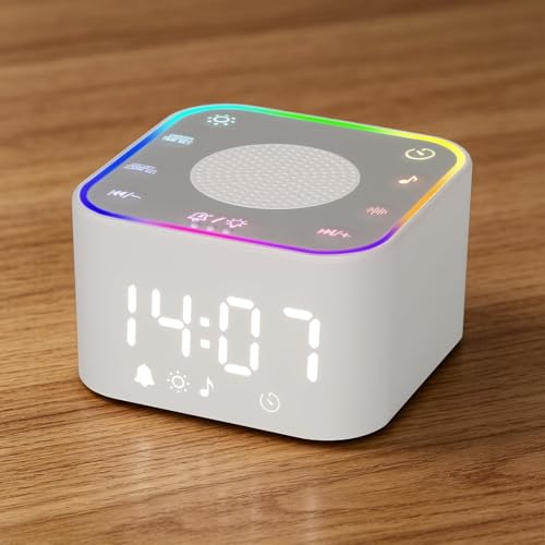 Máquina de ruido blanco con despertador digital y 30 sonidos de sueño no repetitivos. Despertar natural con volumen ajustable y luz nocturna de 7 colores, función de memoria, temporizador de sueño