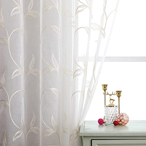 Visiontex Sheer Curtains 84 Inch Length 2 Panels Set, White Voile Crushed Cream Vine Leaves Embroidery, Rod Pocket Embroidered Window Drapes For Living Room And Bedroom, 54" X 84" #TOP6