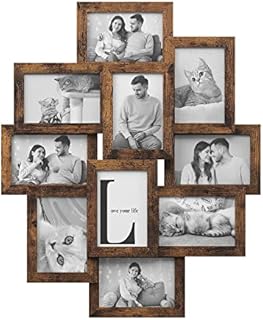 SONGMICS Collage Picture Frames for 10 Photos in 10 x 15 cm, Assembly Required, Collage Multiple Photos, Wall Mounted, PS Front, Wooden Grain, Rustic Brown RPF020X01