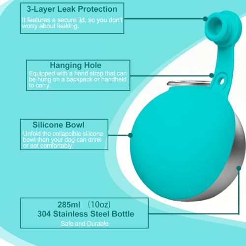 Image of Dog Water Bottle Portable, 2in1 Round Dog Water Bowl Stainless Steel 10oz
