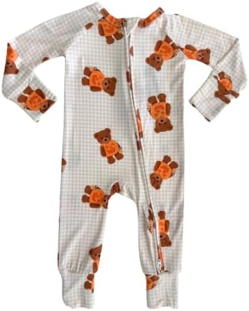 IN MY JAMMERS Bamboo Viscose Baby Zipper Romper - Gingham Little Boo Bear - Long Sleeve Infant Halloween Pajamas - Soft Hypoallergenic Sleeper - 2T