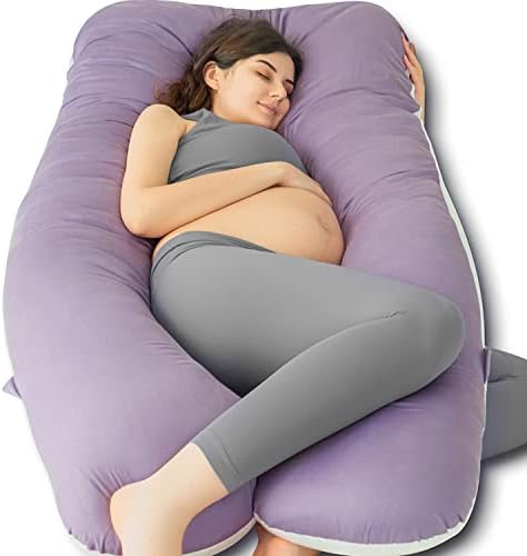 QUEEN ROSE Pregnancy Pillows, Organic Cotton U Shaped Body Pillow for Sleeping, 60 Inch Cooling Maternity Pillow for Pregnant Women Support, with Reversible Sateen Cover, Purple and White