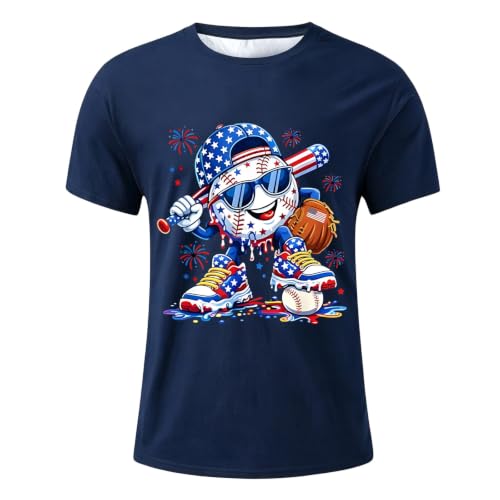 Image of T-shirts with prints, comfortable casual shirts for teenagers, stylish top cotton, ideal for everyday use, navy, 6-7 Years