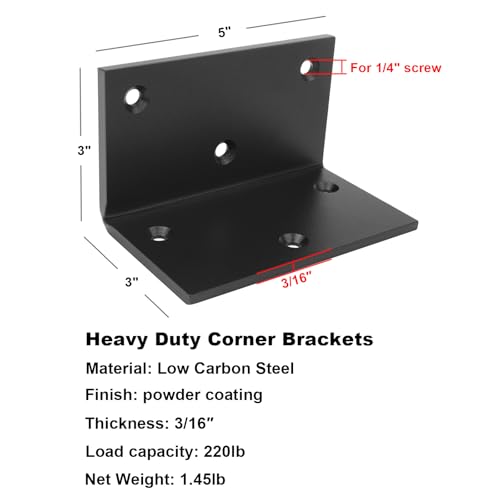 heneng 2 Pcs L Shaped Right Angle Brackets, 3\" x 5\" x 3\", 90 Degree Corner Brace for Wood Furniture, Shelf & Pergolas, Max Load 220 lbs, 3/16\" Thick - Thumbnail 2