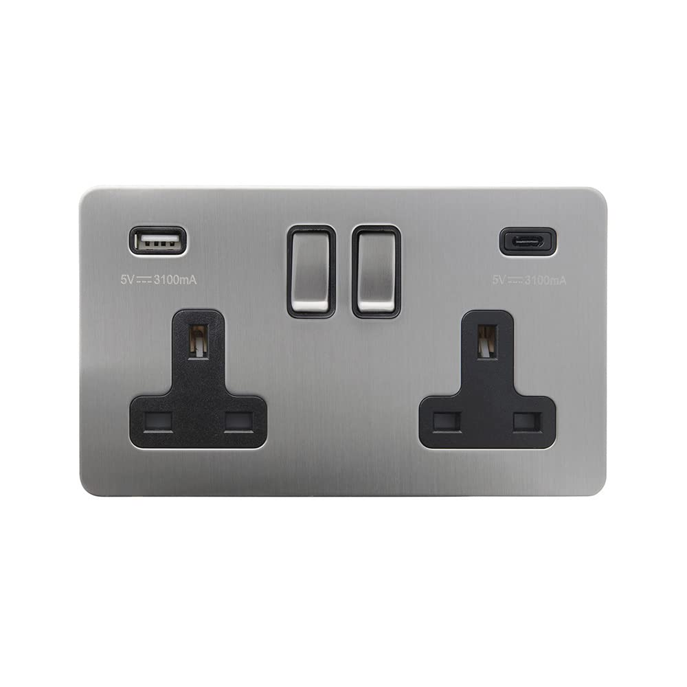 The Soho Lighting Company Soho Lighting Brushed Chrome Flat Plate 2 Gang Usb A+C Socket (13A Socket + 2 Usb Ports A+C 3.1A)