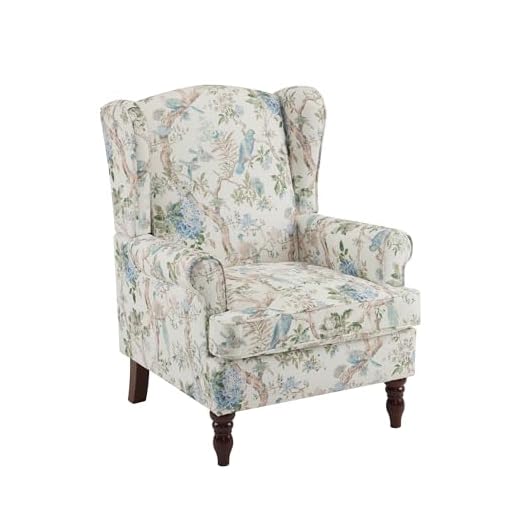 MELLCOM Floral Accent Chair, High Back Upholstered Armchair with Solid Legs, Leisure Single Sofa Chair for Living Room, Bedroom, Home Office, Light Blue Floral&Bird