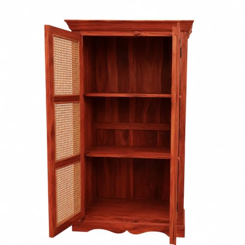 Image of APRODZ Mojo Sheesham Wood Two Door Cane Wardrobe (Sheesham Wood - Honey)
