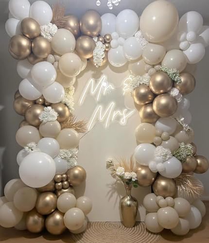 White Sand Gold Balloon Garland Arch kit 144pcs Beige Nude White with Metallic Chrome Gold Latex...
