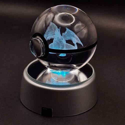 Bola de cristal 3D Poke mon Kharizar – Lámpara LED RGB con dragón de fuego grabado – Luz nocturna criatura alada con base luminosa – Idea de regalo para entrenadores y aficionados al juego – USB