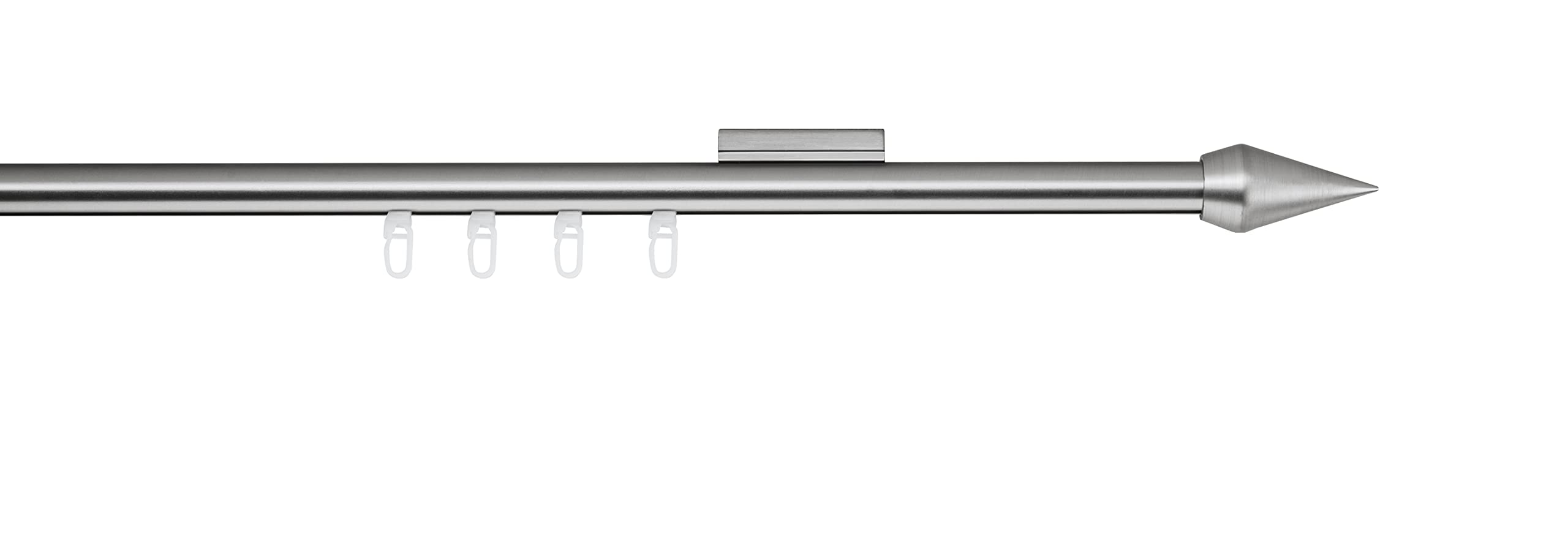 Gardinenstange auf Maß Innenlauf 20mm Kegel 1-lauf Vorhangstange Deckenträger 1,1cm Stilgarnitur mit Gleiter für Vorhänge Edelstahl-Optik 380cm