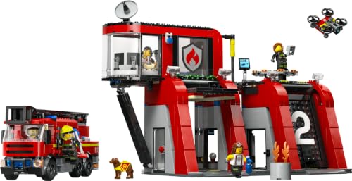 LEGO City La Caserne et Le Camion de Pompiers, Jouet de Figurine de Chien et 5 Minifigurines, Jeu Imaginatif et d'action, Cadeau d'anniversaire pour Garçons et Filles Dès 6 Ans 60414