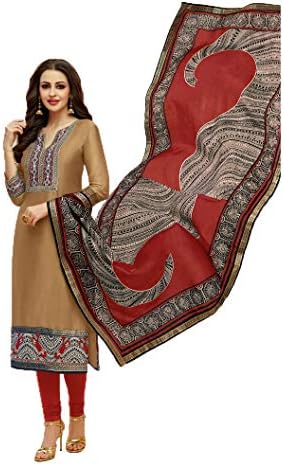 Cotton Fabric Heavy Embroidered Churidar Salwar Suit with Chanderi Digital Print Dupatta (X-Small, Brown)