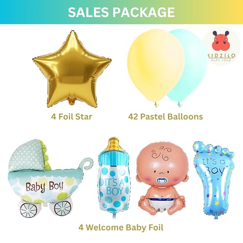 Image of 57 Pcs Welcome Baby Boy Decoration Kit | Balloons, Banner, Curtains, Foils, Stars, Hearts, Ribbon & Confetti for Baby Shower & Newborn Celebration Set 06