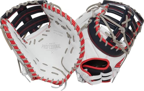 Easton | Professional Collection Fastpitch First Base Mitt | Right Hand Throw | 13' - Single Post Double Bar Web | White/Navy/Red