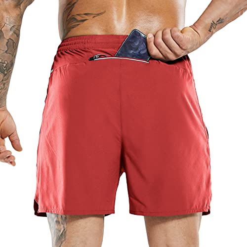 MIER Men's Gym Shorts Moisture Wicking Running Shorts with Pockets and Side Hem,Lightweight,Red,M