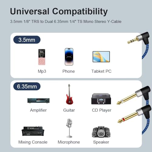 Cable estéreo 3.5mm a dual 6.35mm de 15 pies miniatura 3