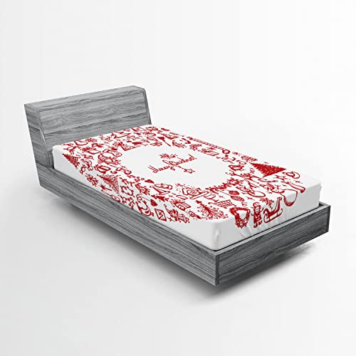 Ambesonne Christmas 2 Pack Fitted Sheet, Vintage Style Ribbon, Bed Cover All-Round Elastic Deep Pockets 2 Pieces, Package Contains 2 Twin XL Size Fitted Sheets, Red White