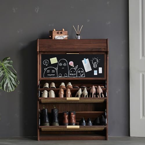 PYCJNFC Rattan Shoe Cabinet 3-tier Thin Woven Rattan Shoe Cabinet with Flip Drawers, Large Capacity Entry Cabinet with Magnetic Suction Blackboard, Natural Accent Cabinet for Living Room, Kitchen (S - Image 8