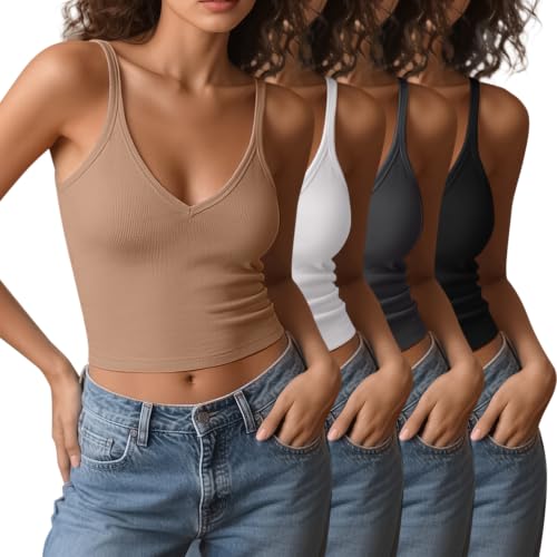Image of 4 Pieces V Neck Tank Tops for Women Spaghetti Strap Crop Top Cotton Basic Fitted Summer Cami Shirts