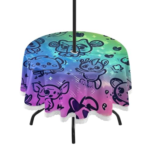 Wajiw 60 Inch Indoor Outdoor Round Tablecloth with Umbrella Hole and Zipper Waterproof Patio Table Cover for Camping Dining Room Party Outdoor Picnic,Cute Animals