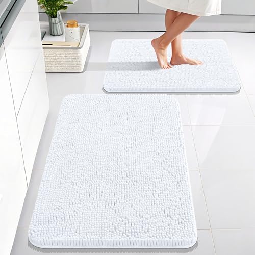 Image of OLANLY Bathroom Rugs Sets 2 Piece, Soft Absorbent Chenille Bath Mats Area Rug Set, Non-Slip, Quick Dry, Machine Washable Bath Mats for Bathroom, Home Decor Accessories (30 inchx20 inch+24 inchx16 inch, White)