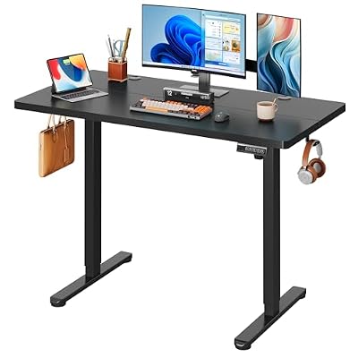 DEVAISE 48 Inch Electric Standing Desk, Adjustable Computer Desk for Home Office, Ergonomic Sit to Stand Desk with LED Touchscreen,Headphone Hook, 3 Memory Preset, with Split Top, Black