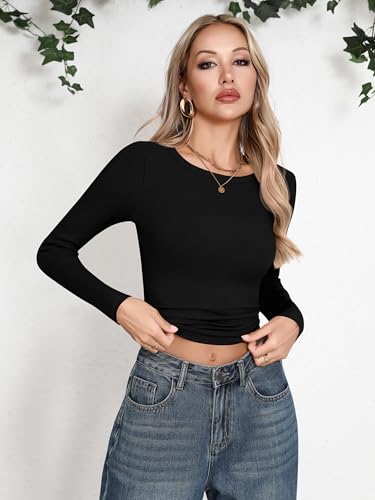 Laughido Women's Crew Neck Long Sleeve Basic T Shirts Slim Fit Casual Tops Ribbed Knit 2025 Clothes3