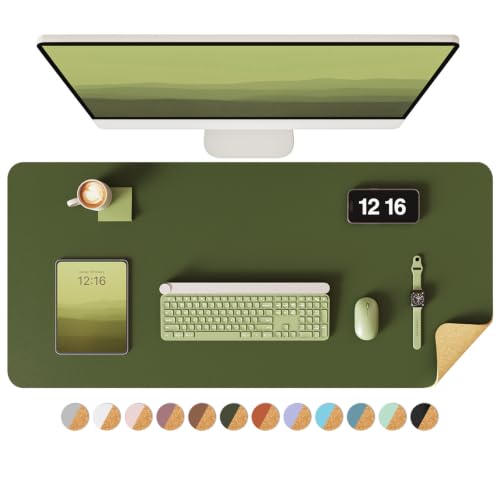 Image of YSAGi Eco Cork Desk Pad, Leather Deskpad, Double-Sided Desk Mat,Waterproof Large Mouse Pad, Non-Slip Mouse Mat, Laptop Desk Table Protector, Writing Pad for Office /Home(35.4 inchx17 inch,Olive Green+Cork)