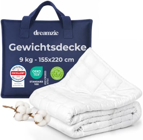 Dreamzie Gewichtsdecke 155x220 - Gewichtsdecke 9kg, Oeko-Tex, mit Bezug aus 100% Baumwolle - Weighted Blanket Decke Zum Schlafen, Oeko-Tex