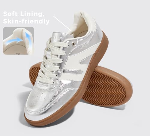 Image of LUCKY STEP Women Retro Gum Sole Fashion Sneakers | Genuine Leather Classic Tennis Skate Walking Shoes Anti Slip Trainers